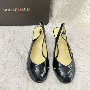 Bruno Magli Black Patent Leather  Peep Toe Sling Back Low wedge Shoes sz 10‎